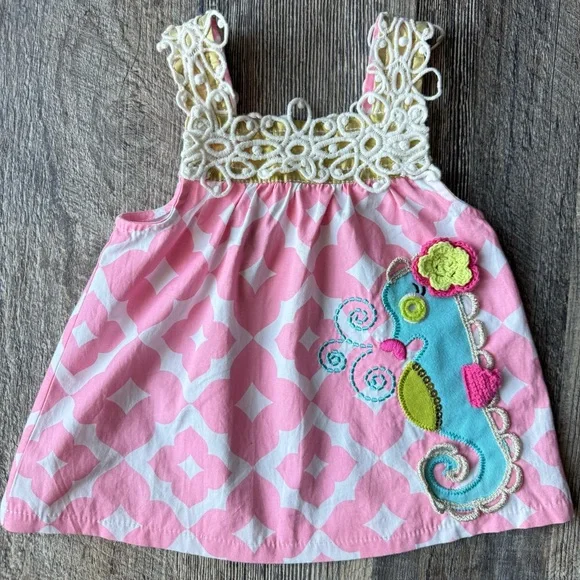 Mud Pie Seahorse Dress 0-6M Pink Beach Summer Boutique Baby Girl - Picture 1 of 6